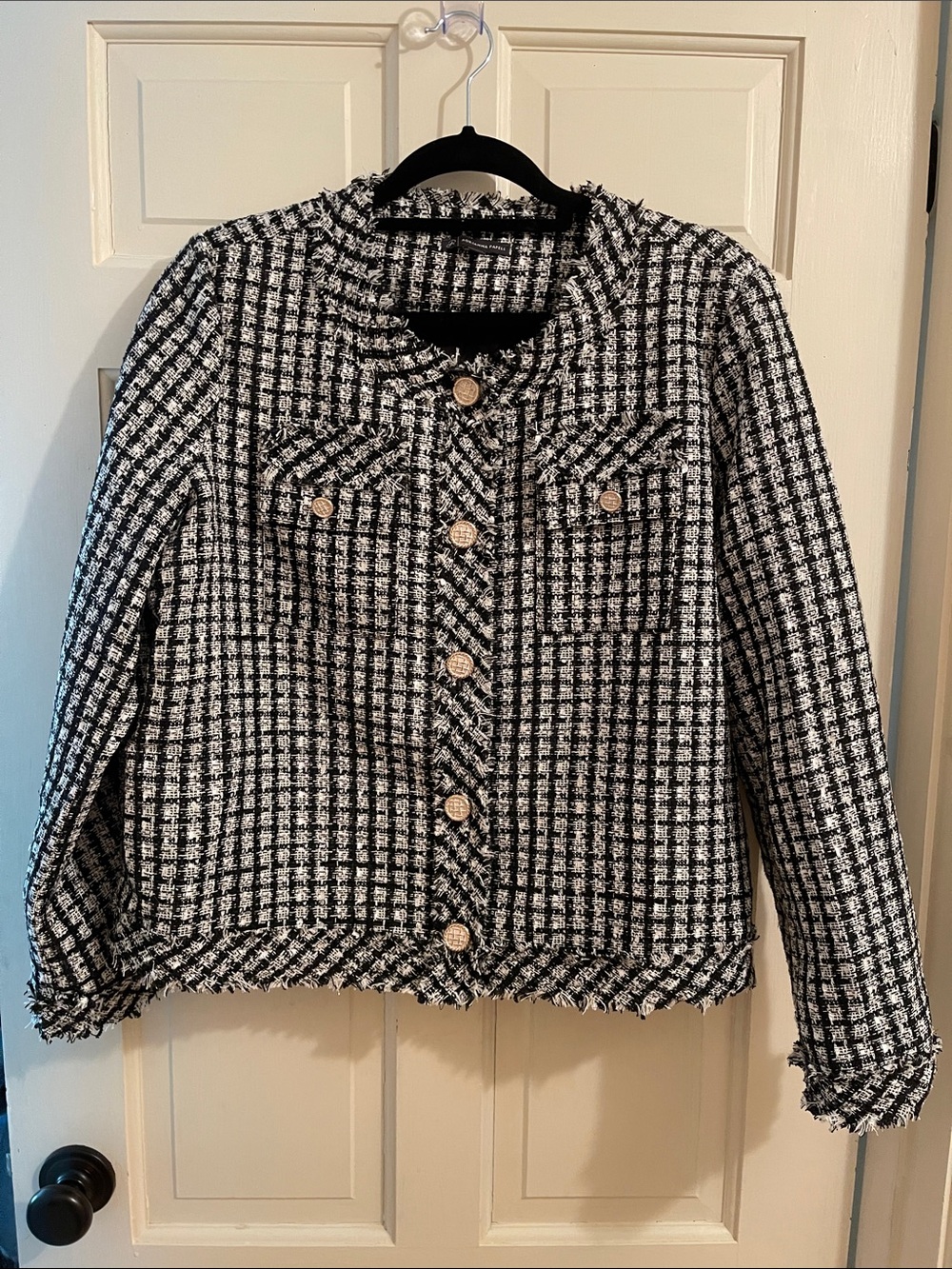 Adrianna Papell Black & White Tweed Blazer with Gold Buttons